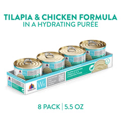 Weruva Wx Phos Focused puree, tilapia and chicken blend, designed for easy feeding and hydration.