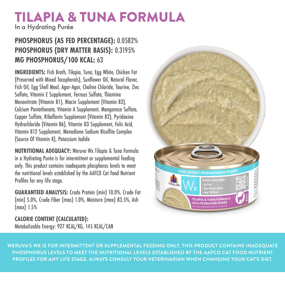Weruva Wx Phos Focused tilapia-tuna puree can ingredients, natural protein sources