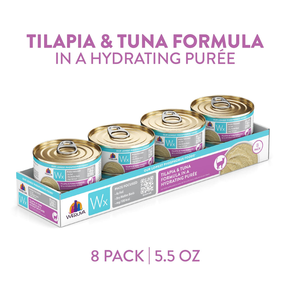 Weruva Wx Phos Focused tilapia-tuna puree can side view, convenient serving option
