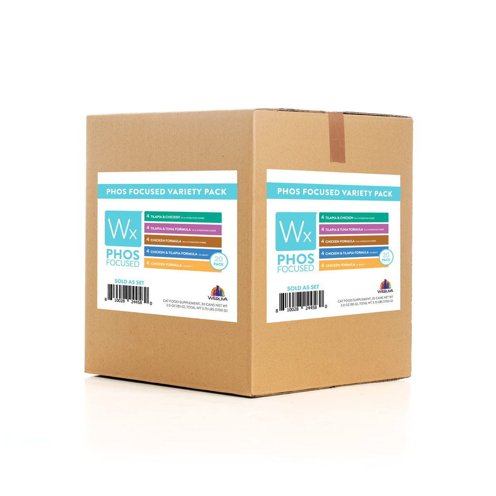 Weruva WX Phos Focused canned cat food, phosphorus-controlled formulation for diet balance.