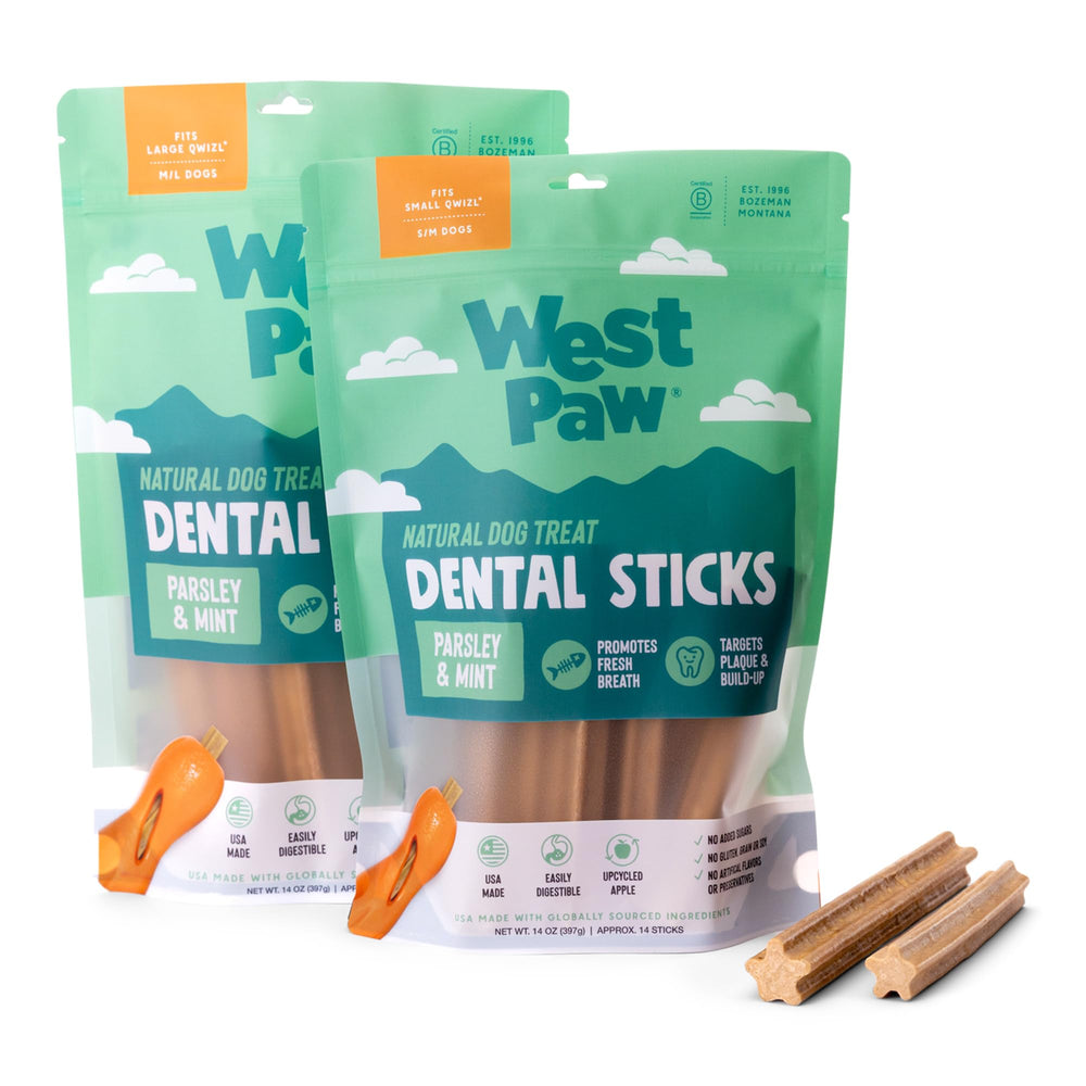 West Paw Dental Sticks fetch ready design supports interactive play.