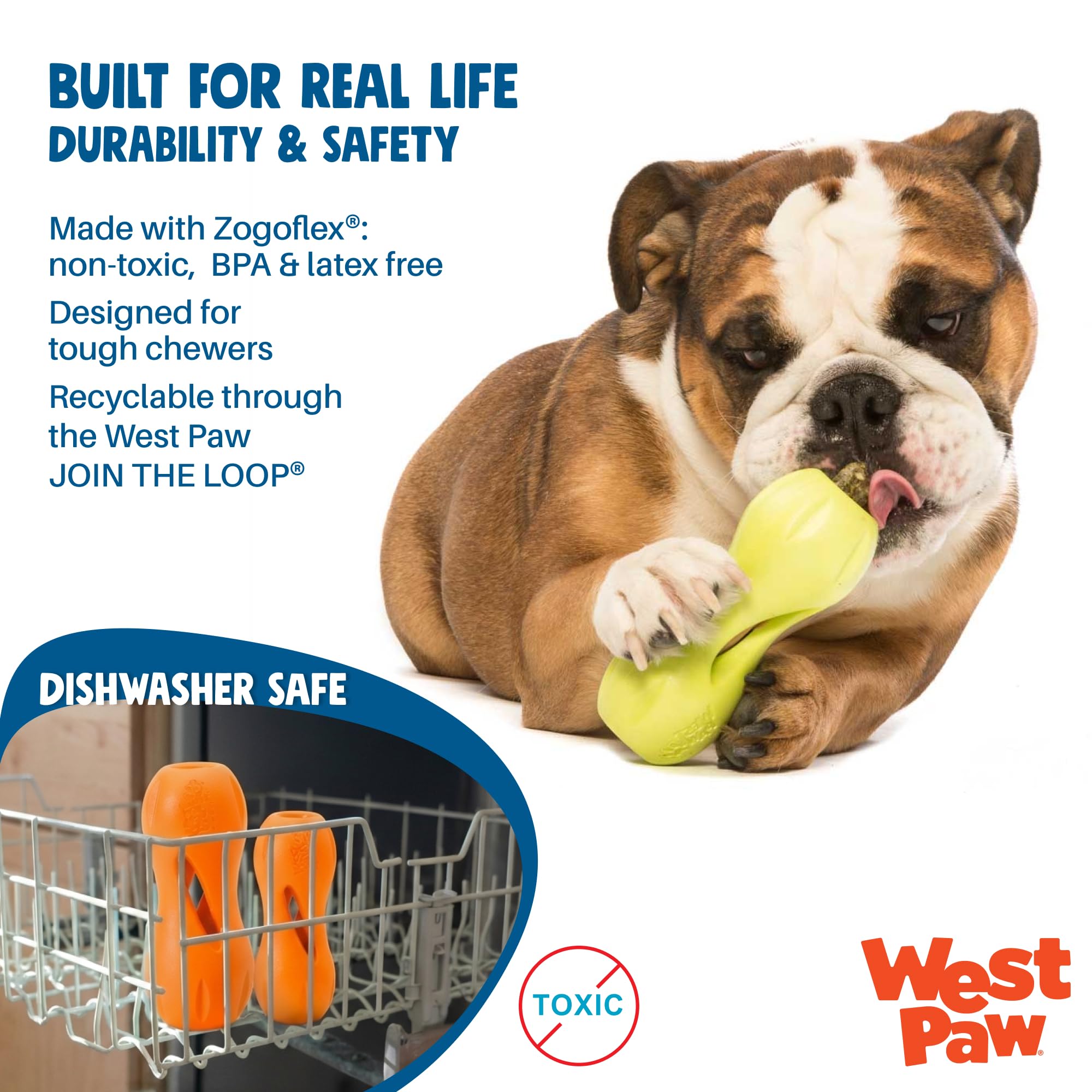 West Paw Qwizl bully-stick compatible design supports slow, satisfying chews.