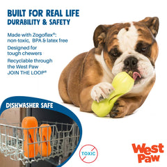 West Paw Qwizl bully-stick compatible design supports slow, satisfying chews.