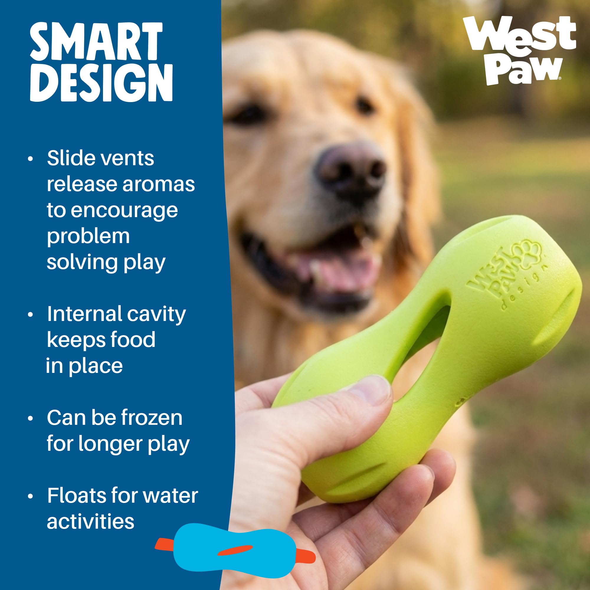 USA-made West Paw Qwizl supports sustainability and responsible toy gear.