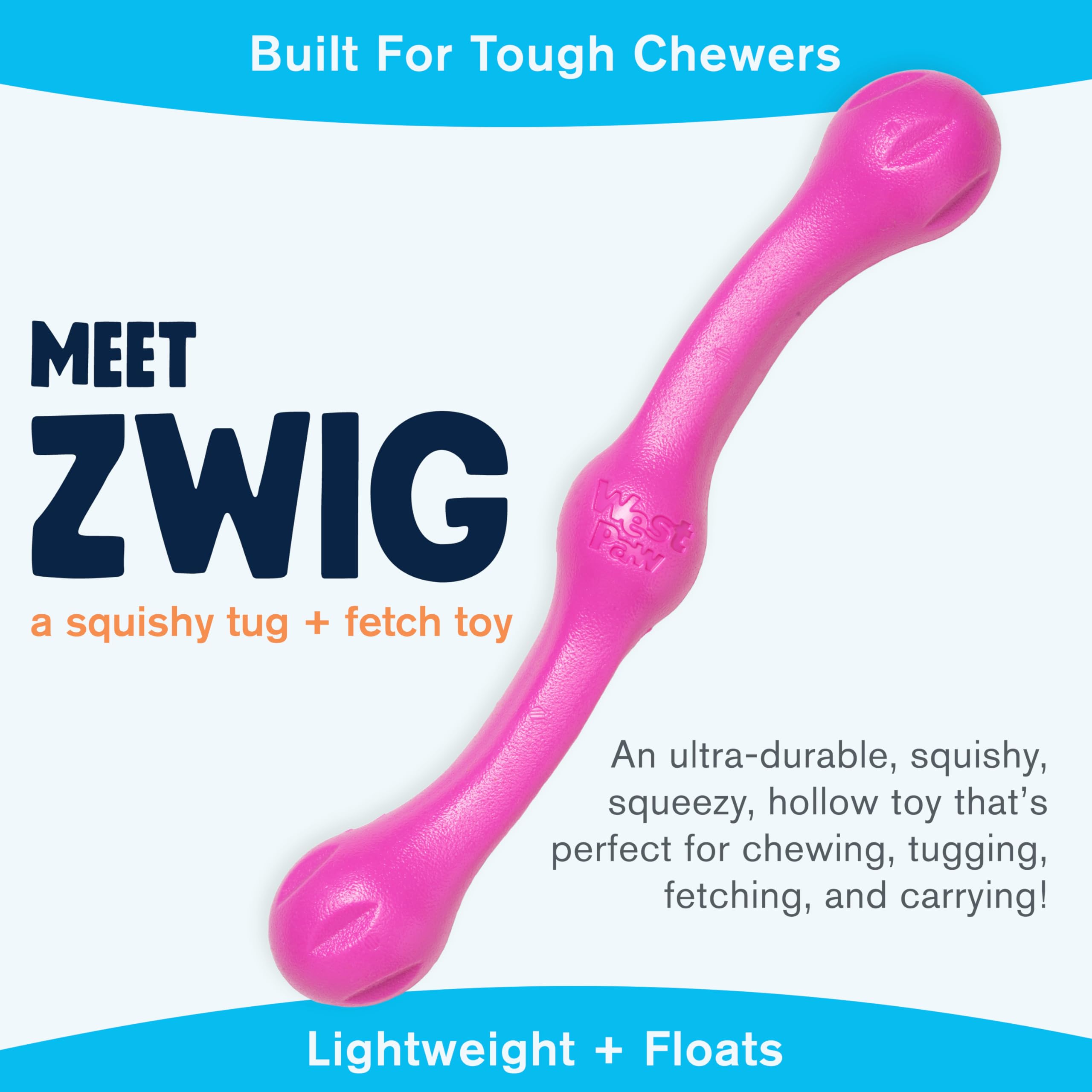 West Paw Zogoflex Echo Zwig Squeezy pink fetch stick, ideal for easy throwing.