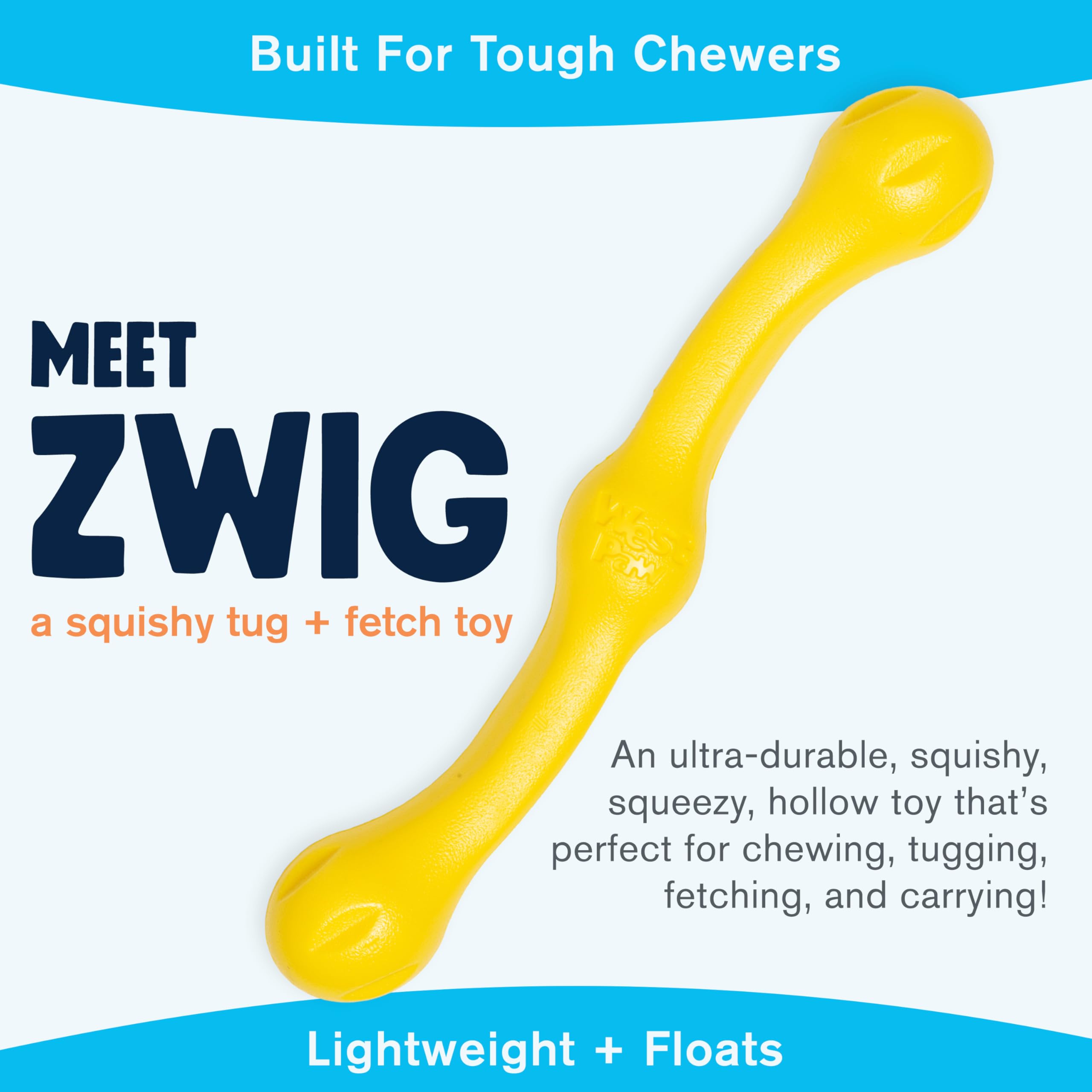 West Paw Zogoflex Echo Zwig Squeezy stick hollow core safe for chewing and tossing.