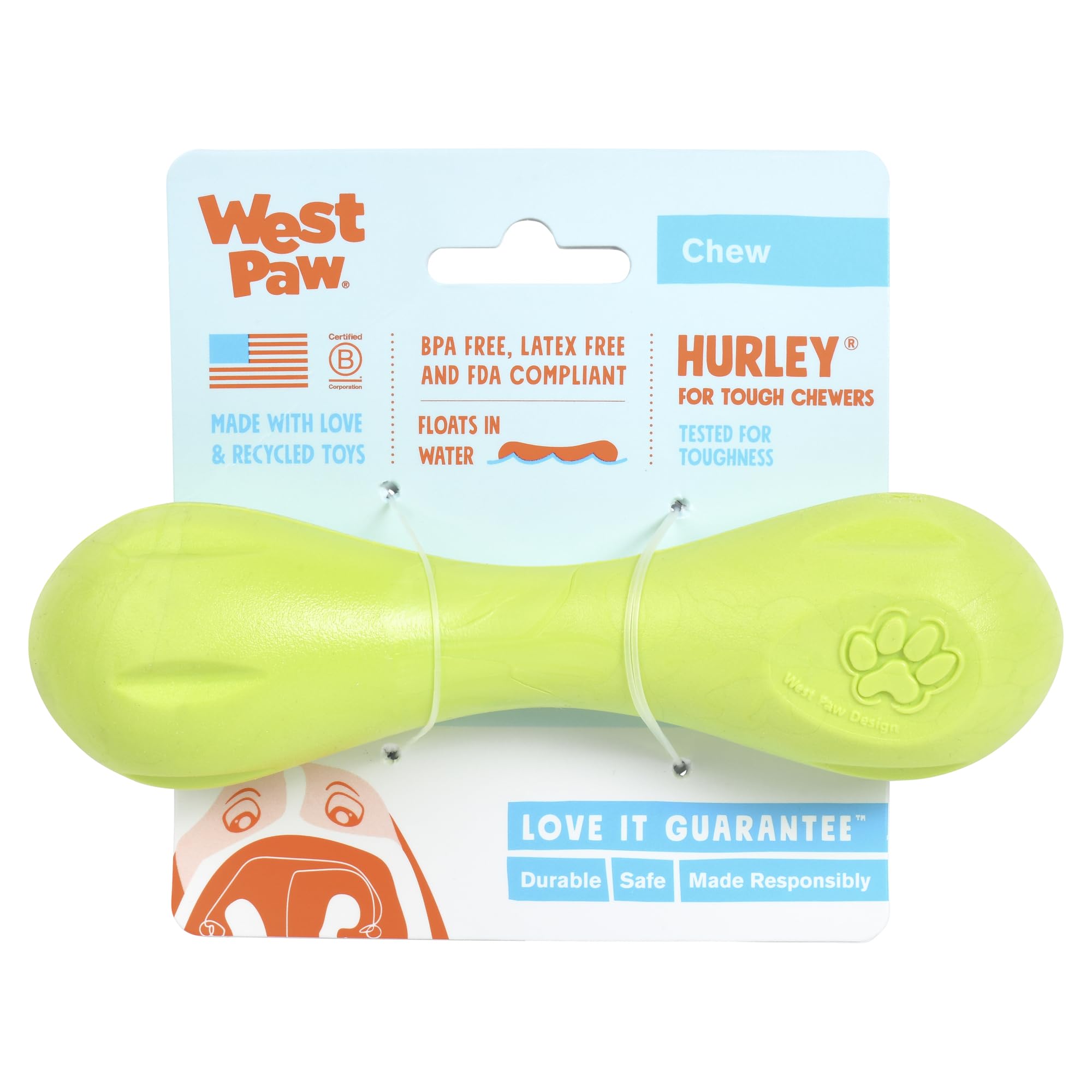 West Paw Zogoflex Hurley bone toy in bright colors for visibility during outdoor play.