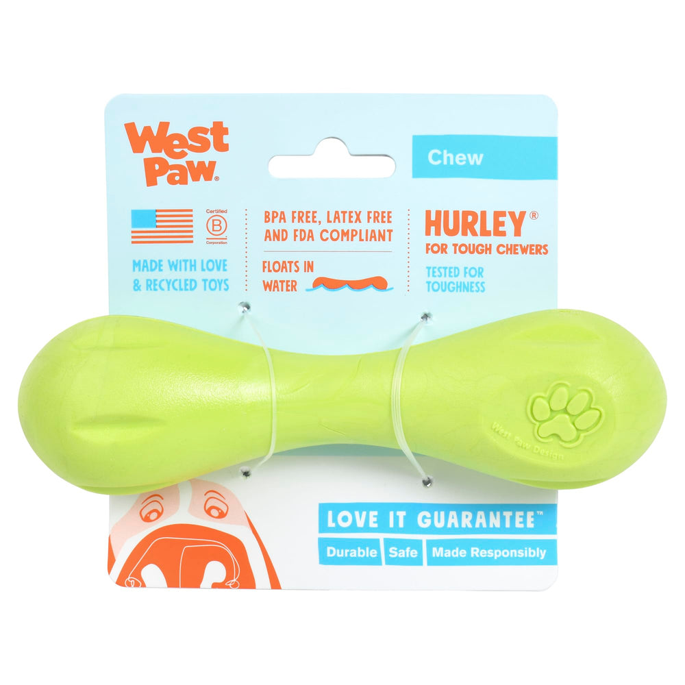 West Paw Zogoflex Hurley bone toy in bright colors for visibility during outdoor play.