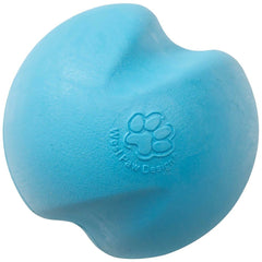 West Paw Zogoflex Jive Ball aqua blue dog toy for fetch and chew, durable and dishwasher-safe.