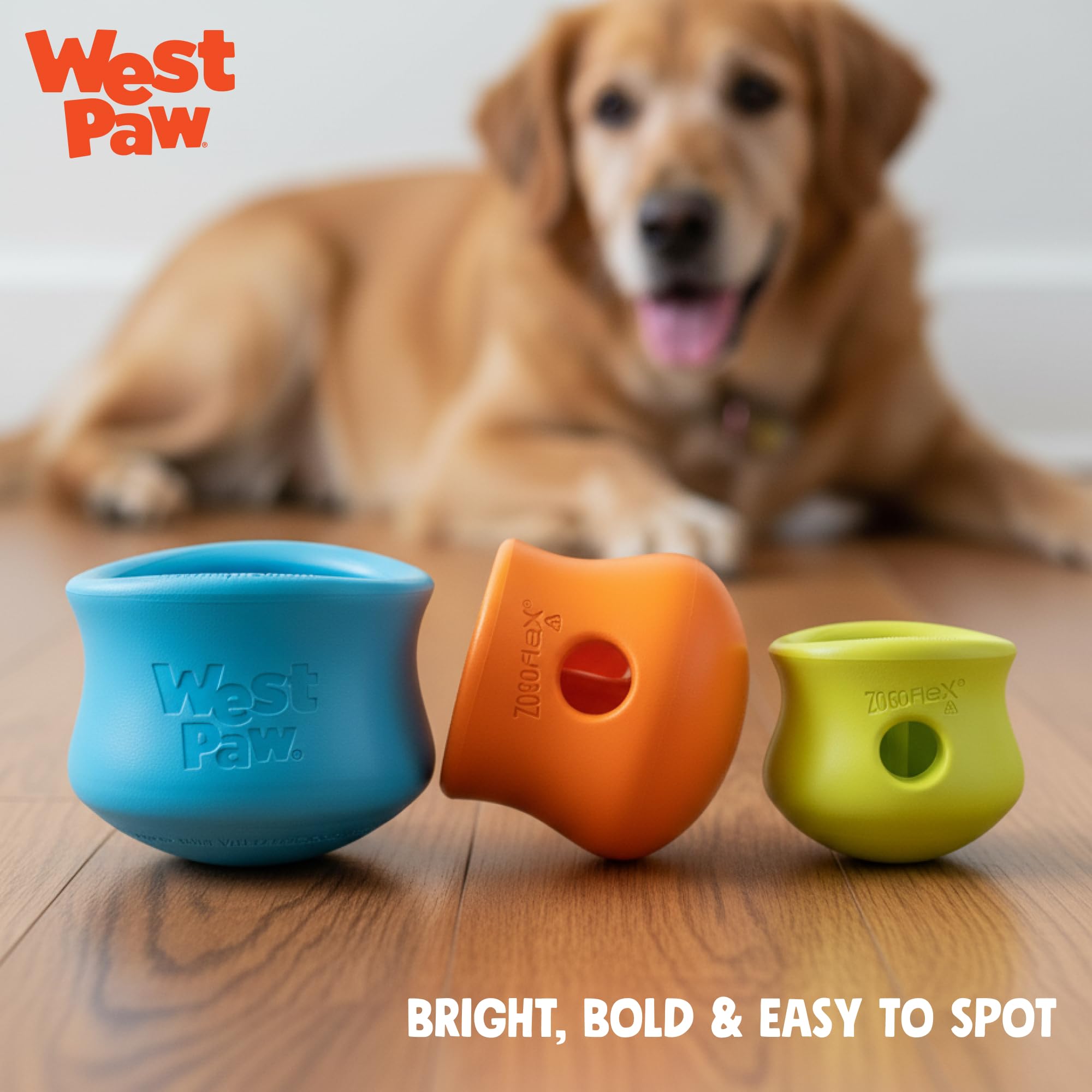 West Paw Zogoflex Toppl durable non-toxic build promotes safe, hands-on puzzle fun.