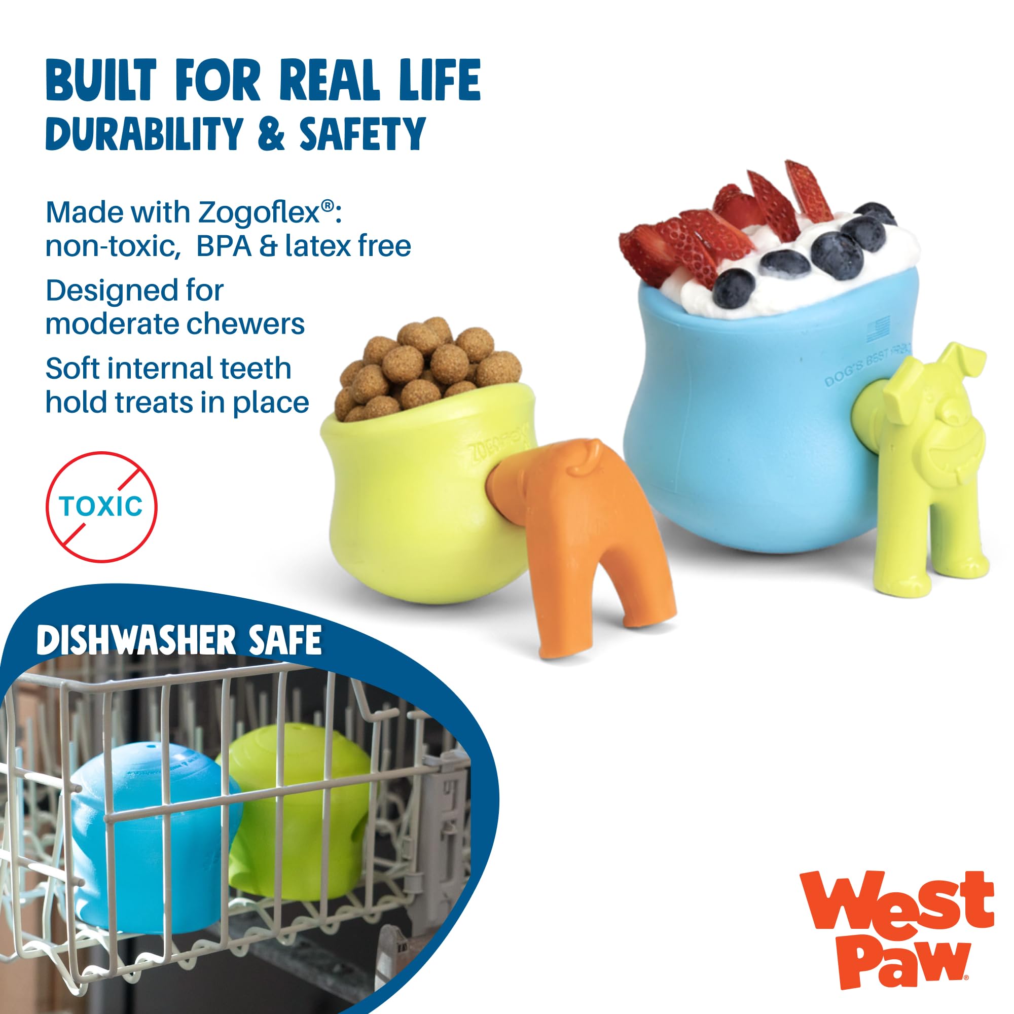 West Paw Zogoflex Toppl freezeable option supports extended play and curiosity.