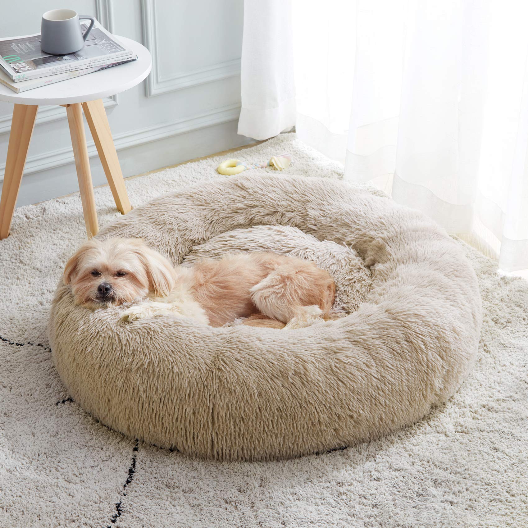 Western Home WH calming donut bed fabric close-up showcases plush faux fur for cozy naps.
