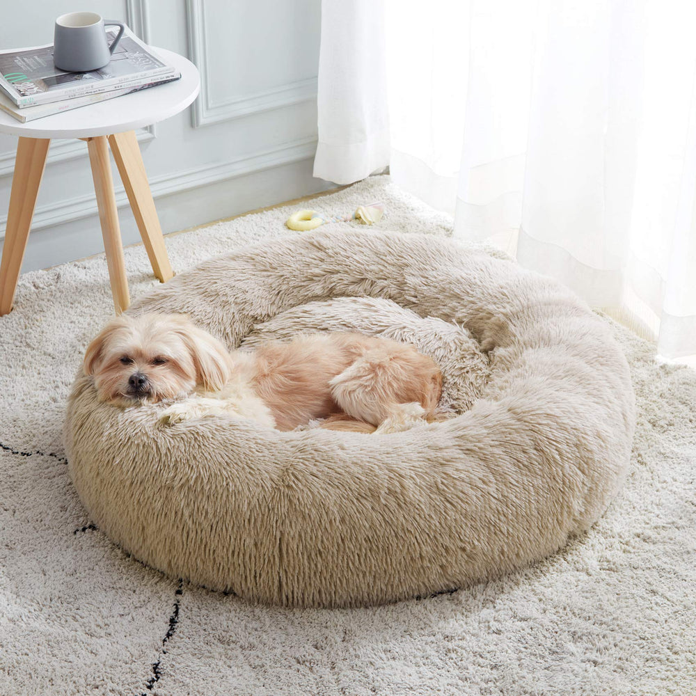 Western Home WH calming donut bed fabric close-up showcases plush faux fur for cozy naps.