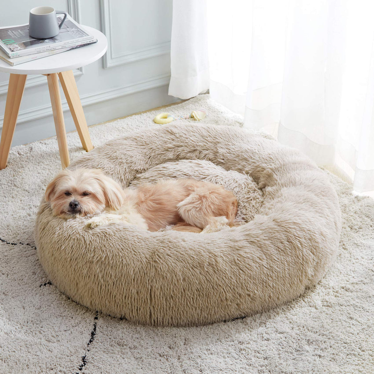 Western Home WH calming donut bed fabric close-up showcases plush faux fur for cozy naps.