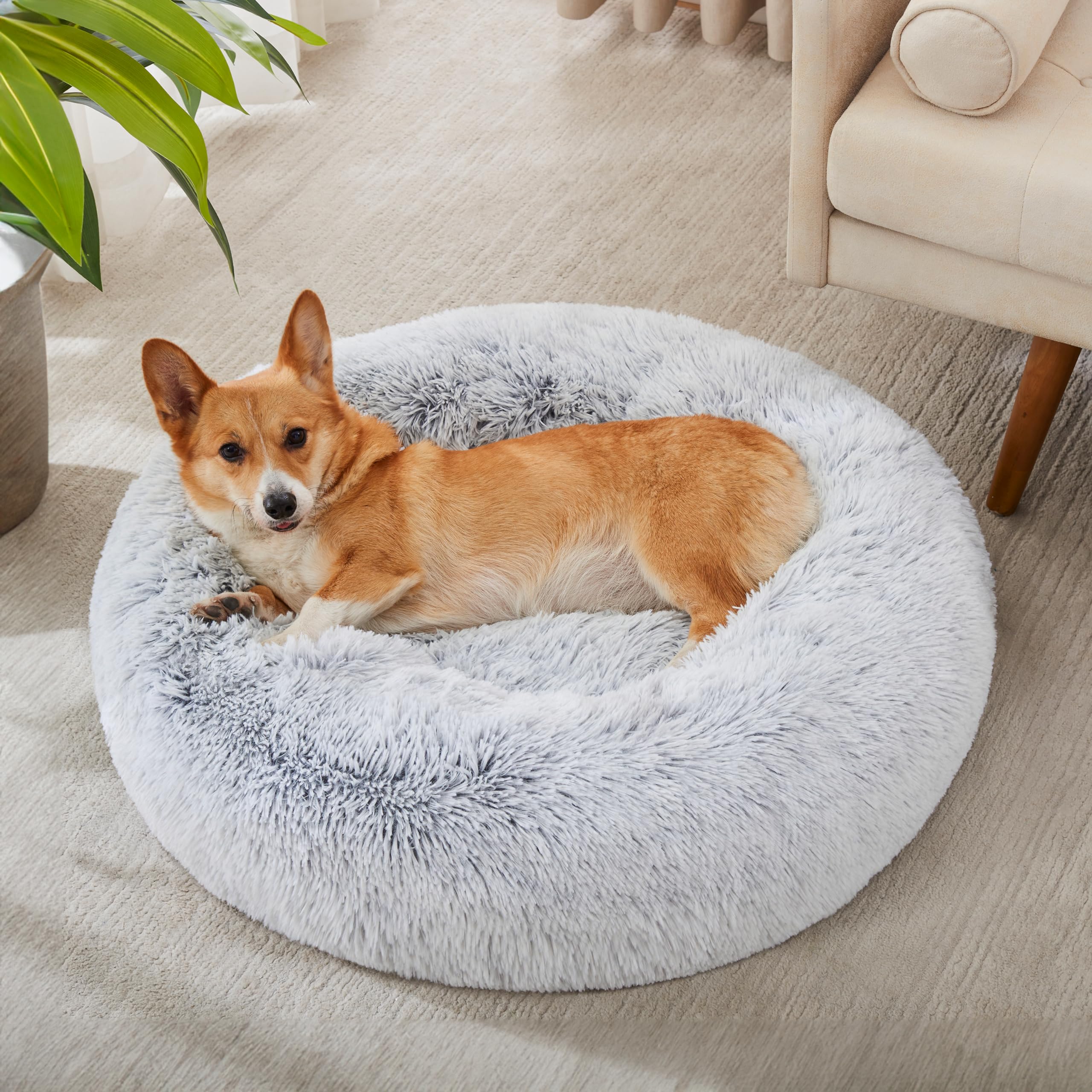 Western Home WH round pet bed features anti-slip bottom for secure resting on slick floors.