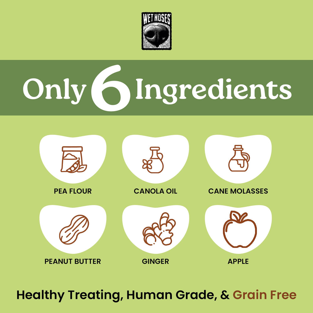 Wet Noses Grain-Free Dog Treats dog-eating shot shows a happy, grab-and-go snack.
