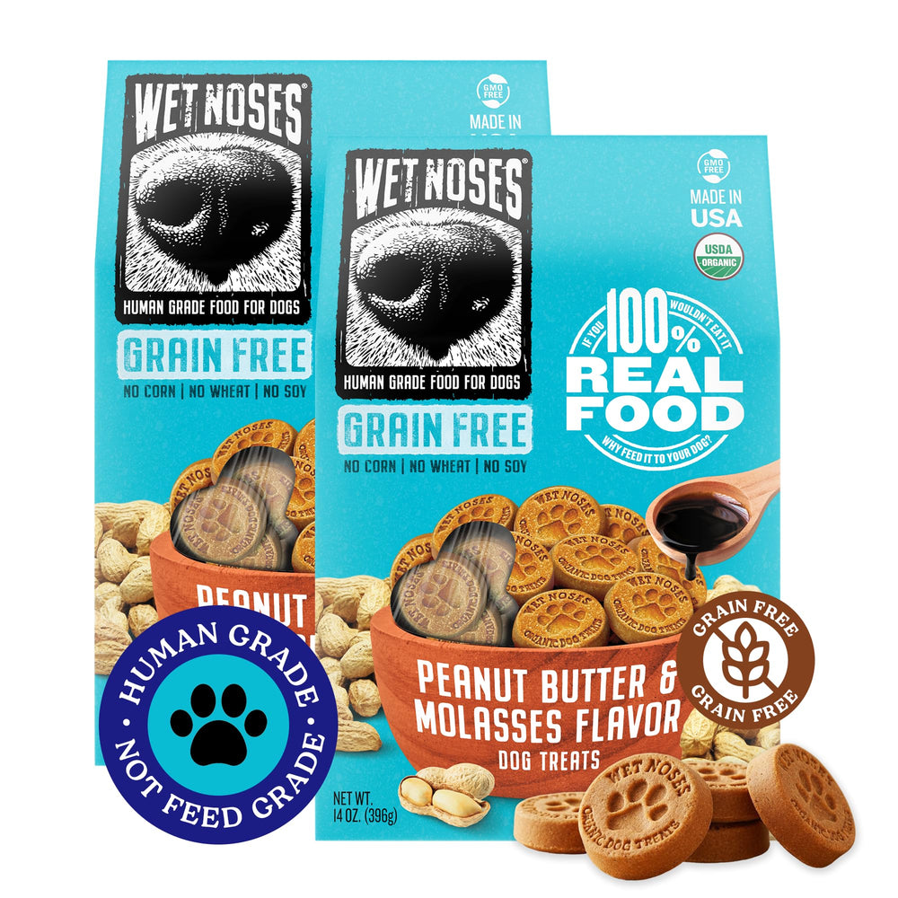Wet Noses Organic Crunchy Dog Treats pack shot; grain-free training reward.