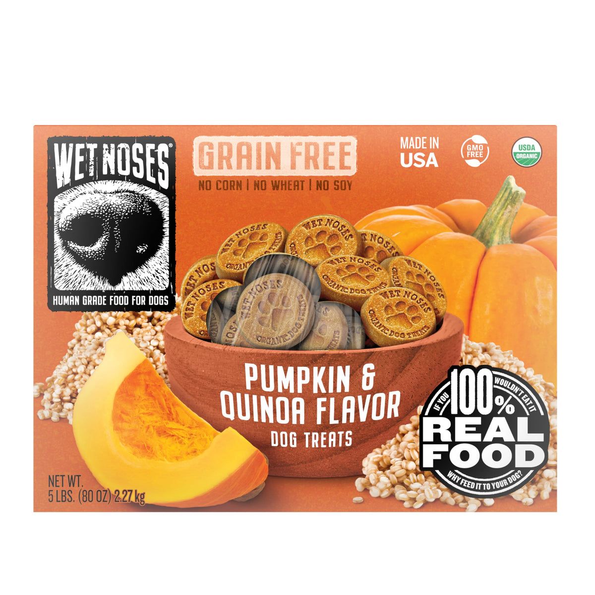 Wet Noses packaging with pumpkin and quinoa—premium organic snack.