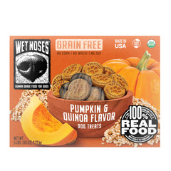 Wet Noses packaging with pumpkin and quinoa—premium organic snack.