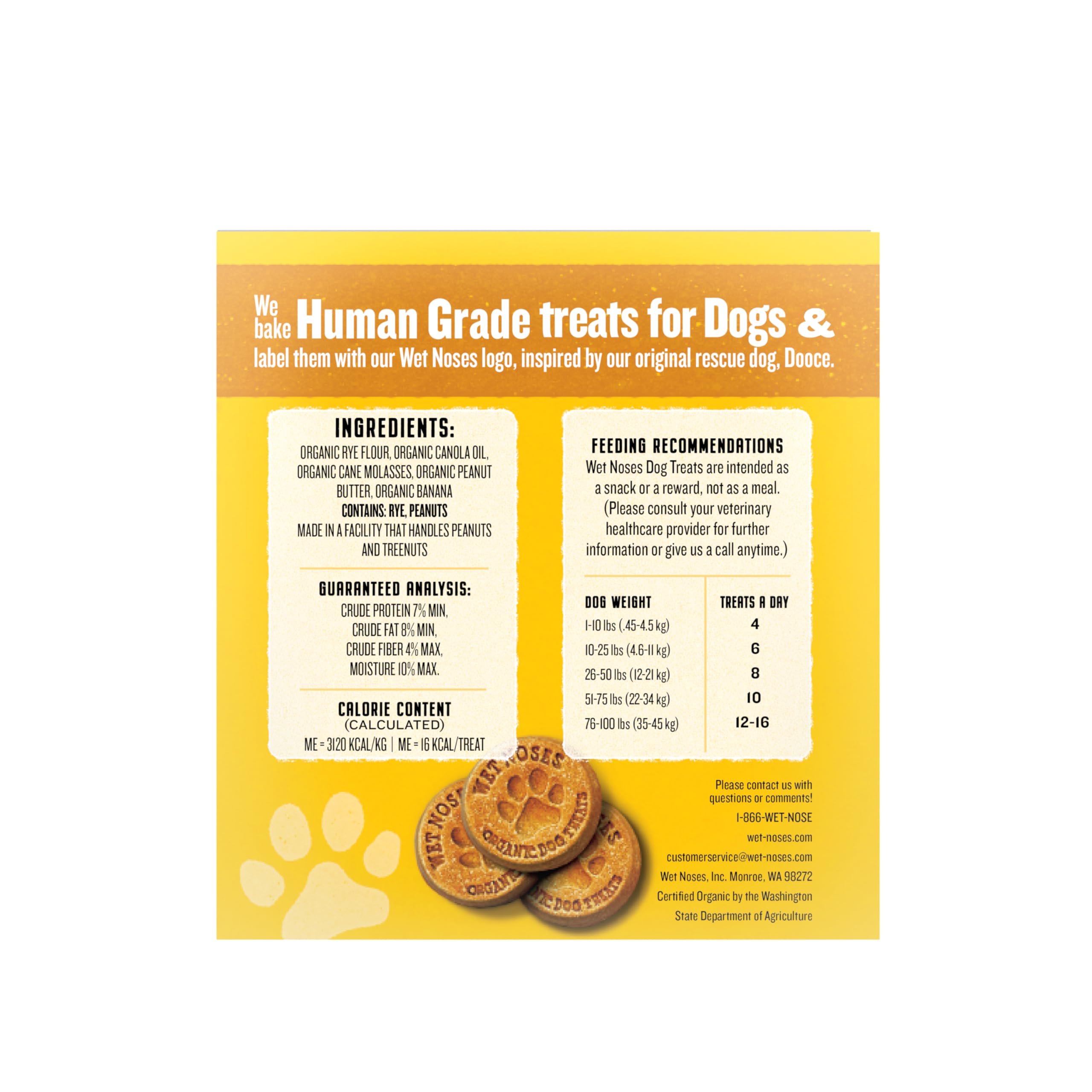 Wet Noses Organic Crunchy Dog Treats USA-made label on packaging.