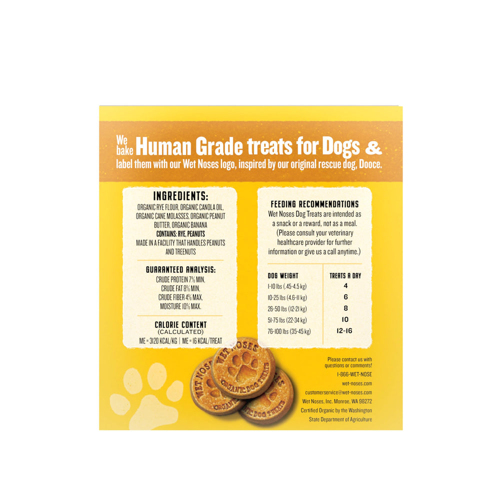 Wet Noses Organic Crunchy Dog Treats USA-made label on packaging.