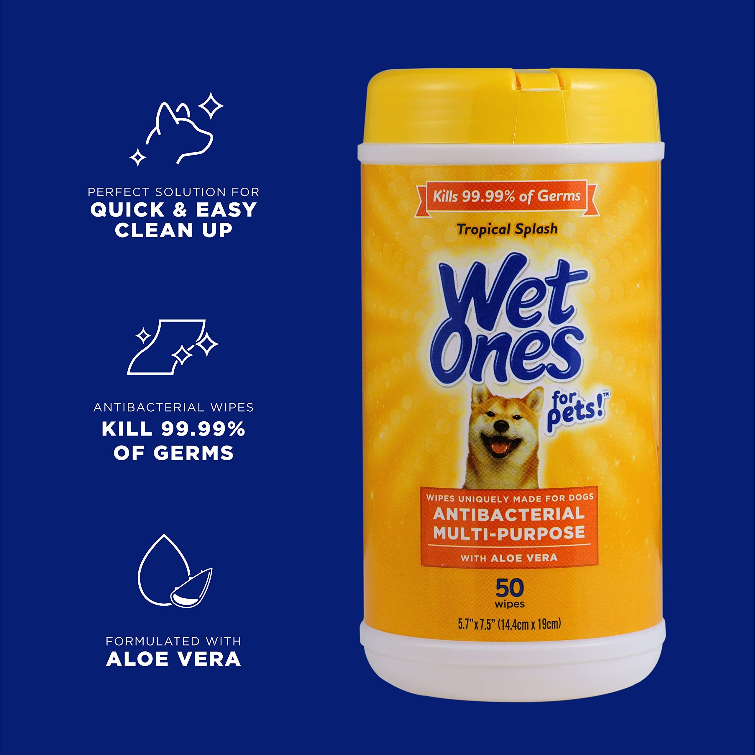 Wet Ones for Pets antibacterial dog wipes with aloe vera provide gentle grooming between baths.