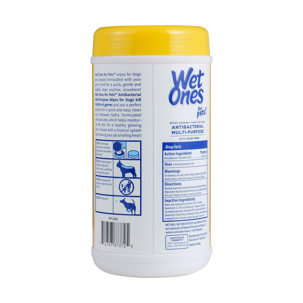 Wet Ones for Pets quick drool, dirt, and surface mess removal between baths.