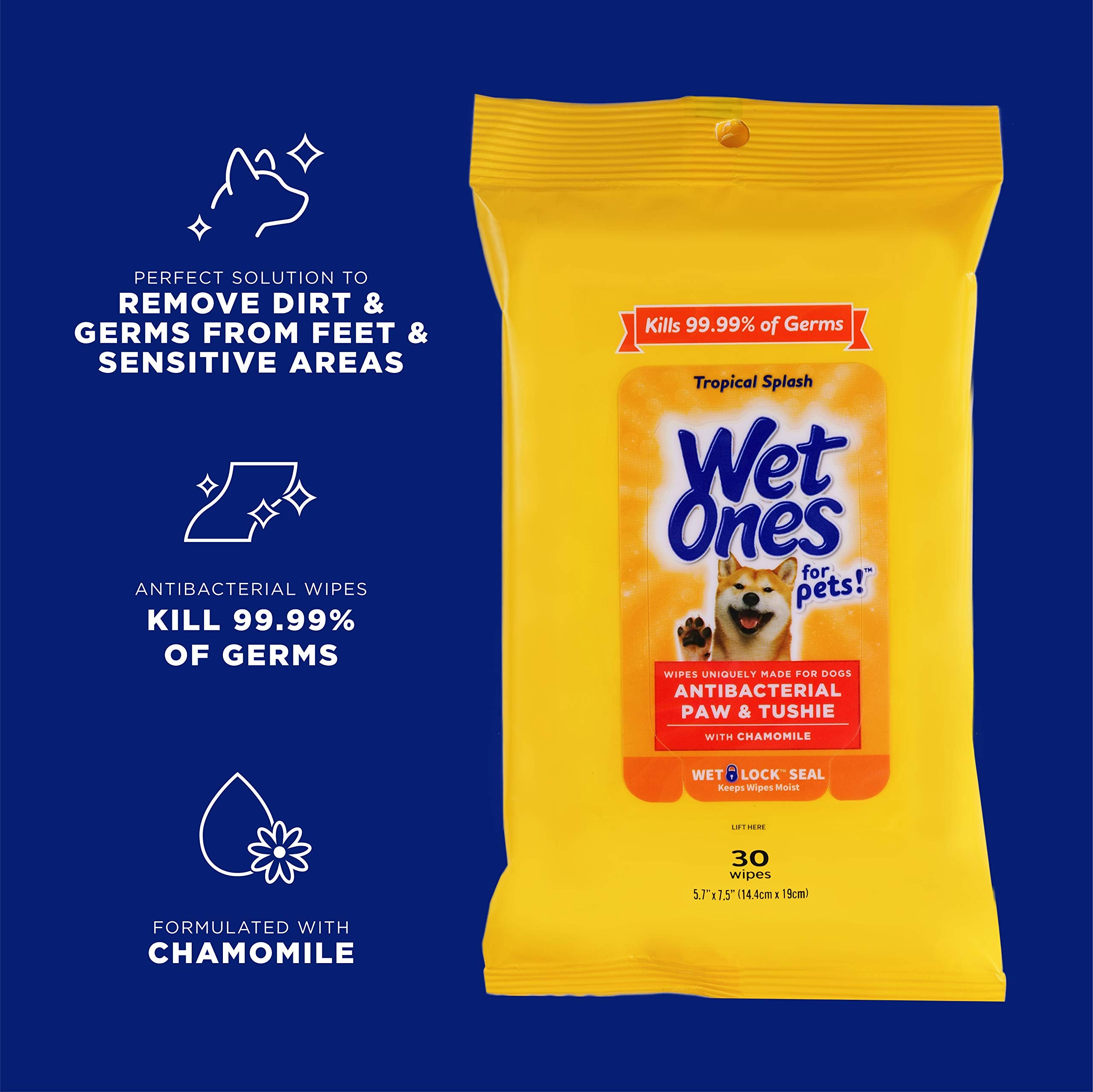 Wet Ones for Pets tropical-splash scent close-up showing refreshed paws between baths