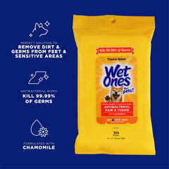 Wet Ones for Pets tropical-splash scent close-up showing refreshed paws between baths