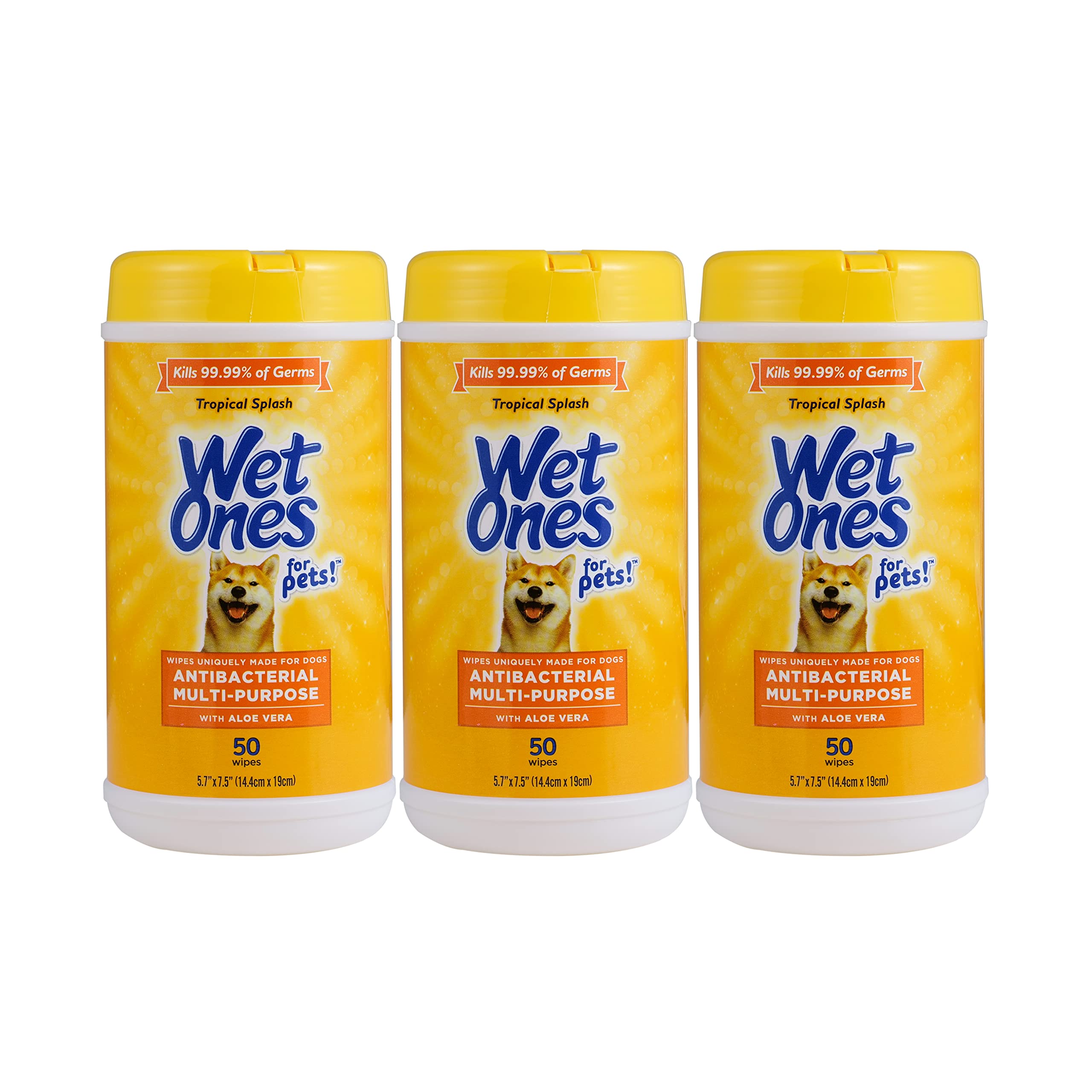 Wet Ones for Pets tropical splash wipes clean paws, face, and coat after outdoor adventures.