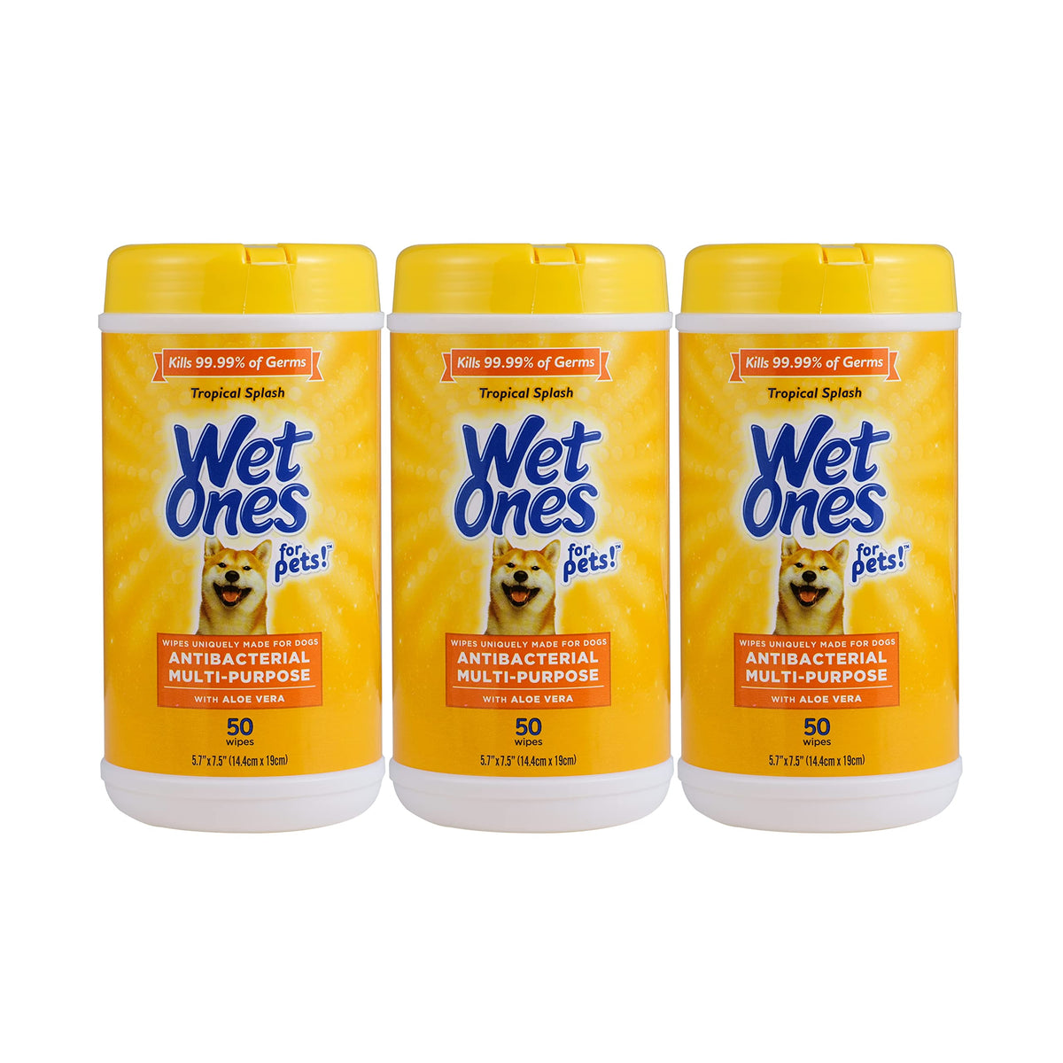Wet Ones for Pets tropical splash wipes clean paws, face, and coat after outdoor adventures.
