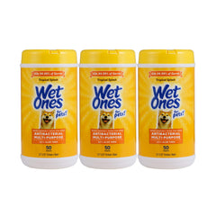 Wet Ones for Pets tropical splash wipes clean paws, face, and coat after outdoor adventures.