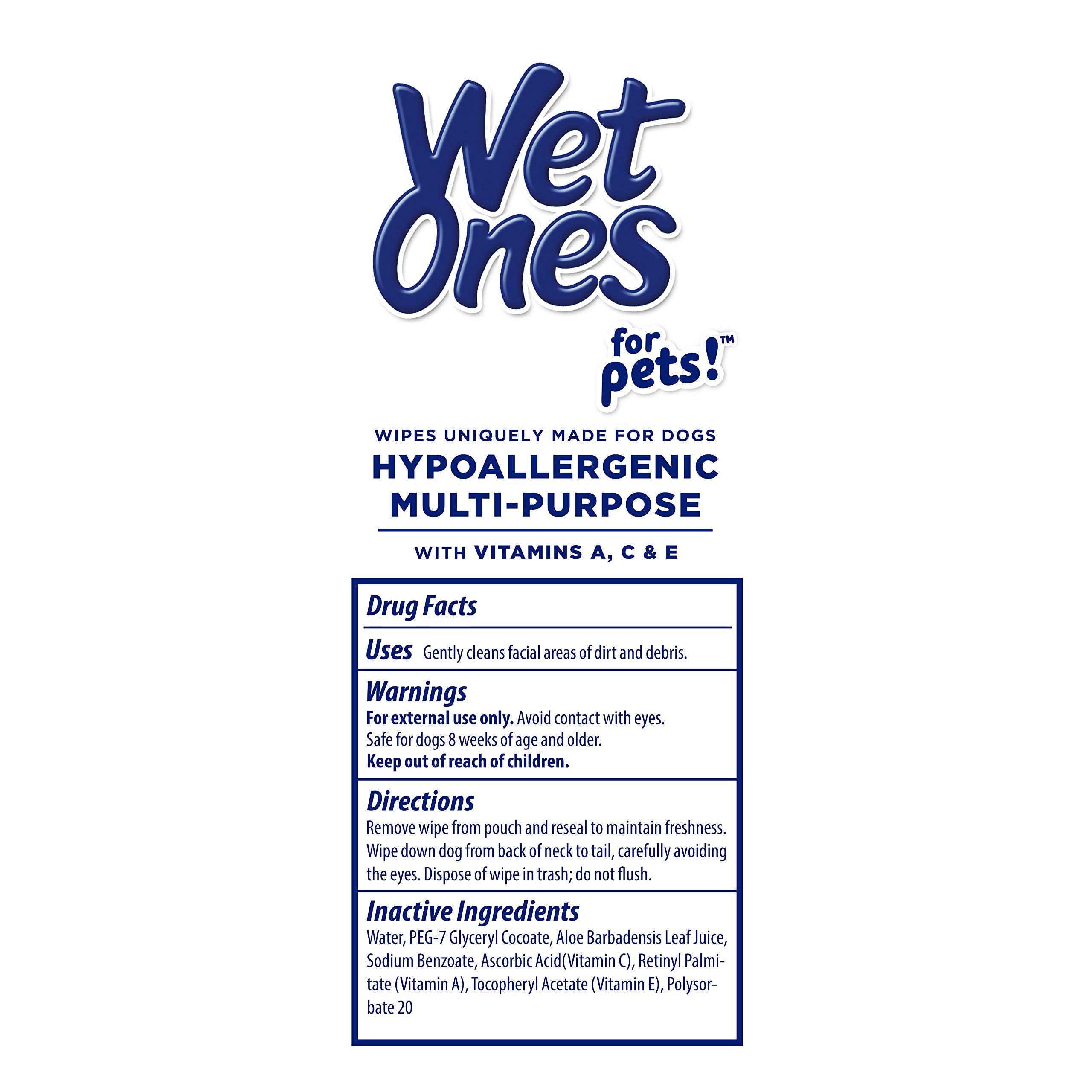 Vitamin A, C, E icons shown on Wet Ones Pets Wipes pack.