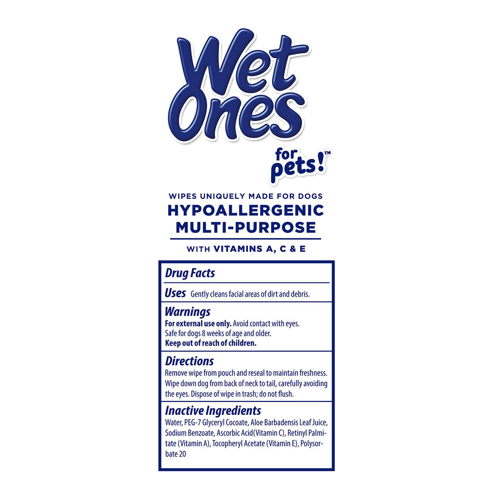 Vitamin A, C, E icons shown on Wet Ones Pets Wipes pack.