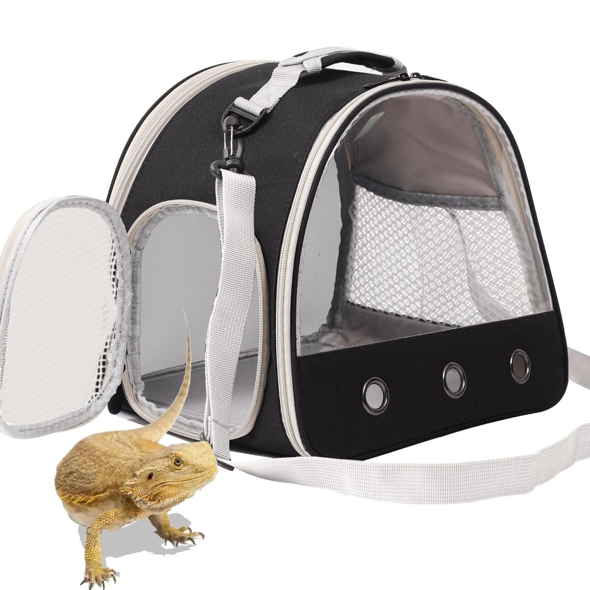 WEVONIGU Bearded Dragon Travel Carrier front view with easy in-and-out access.