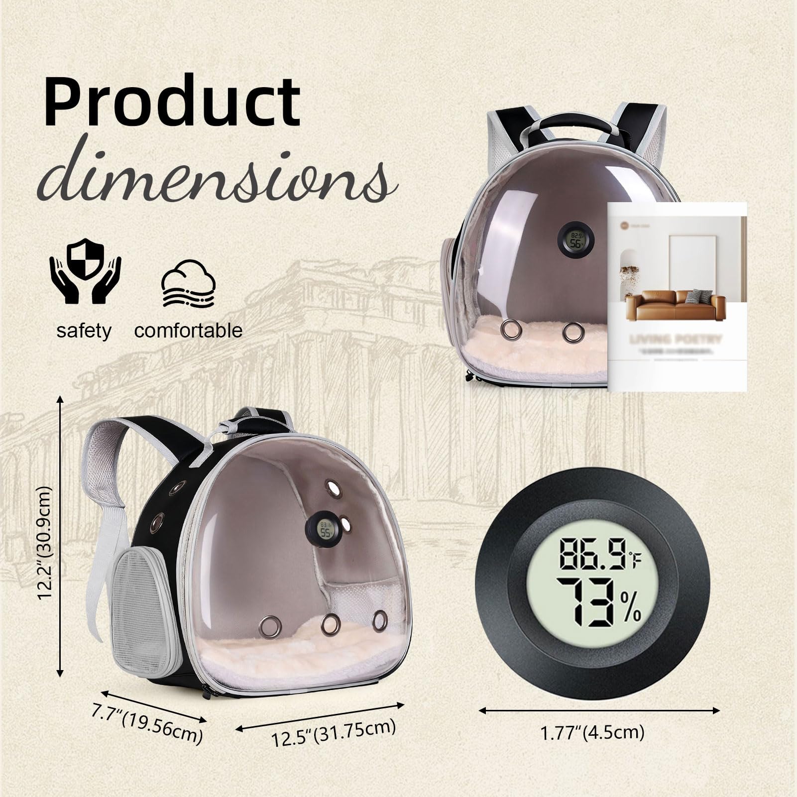 WEVONIGU carrier with reptile thermometer and humidity gauge for real-time checks.