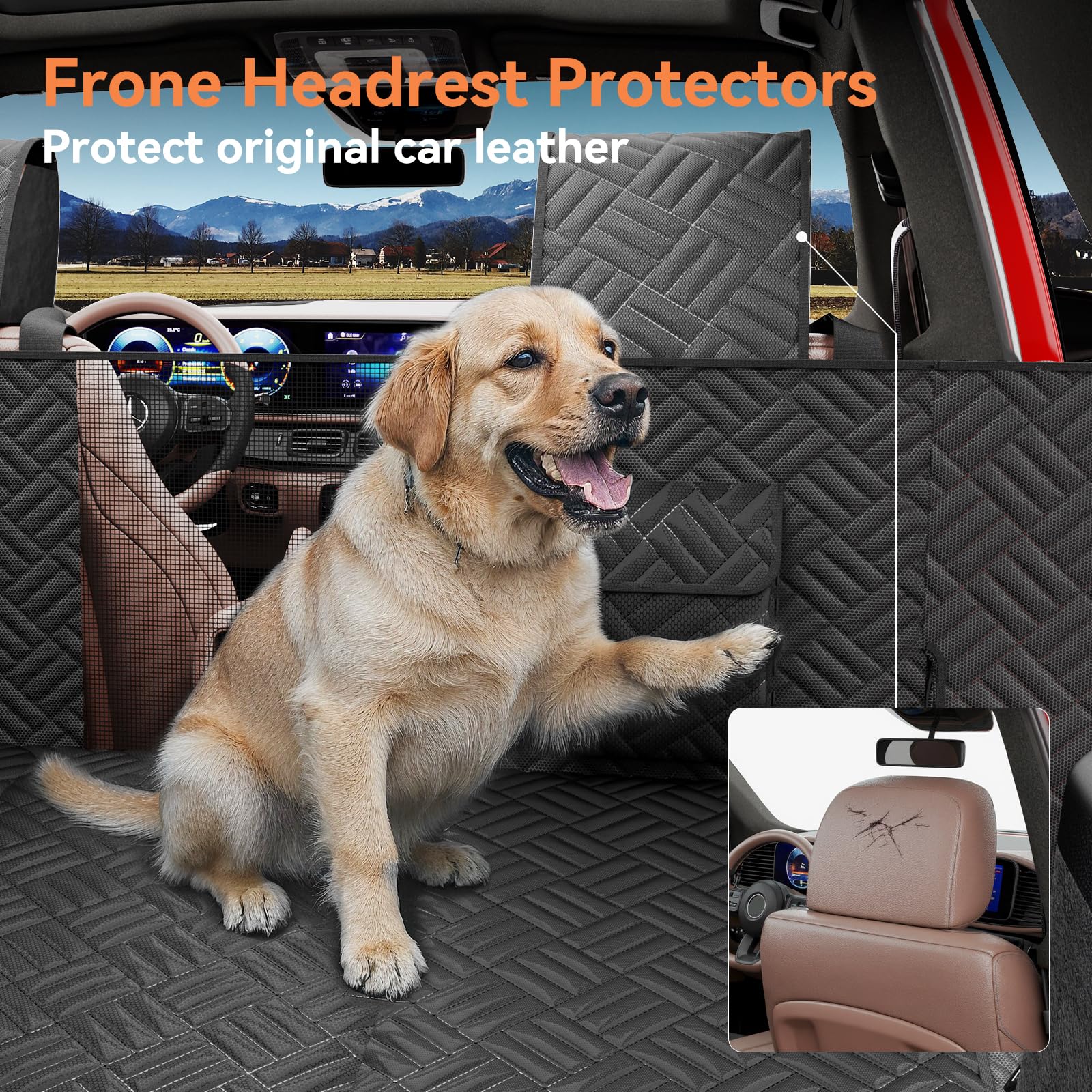 Wexyldra water-repellent fabric guards seats against spills and fur.