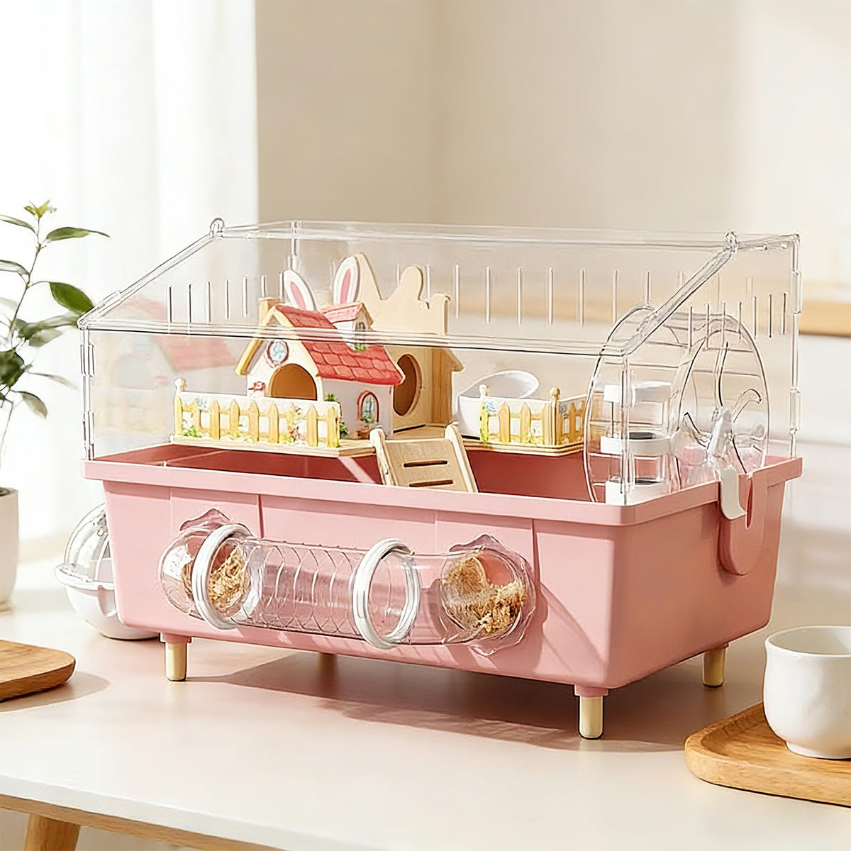 WflamaS pink acrylic hamster cage with 360-view for easy observation and ventilation.