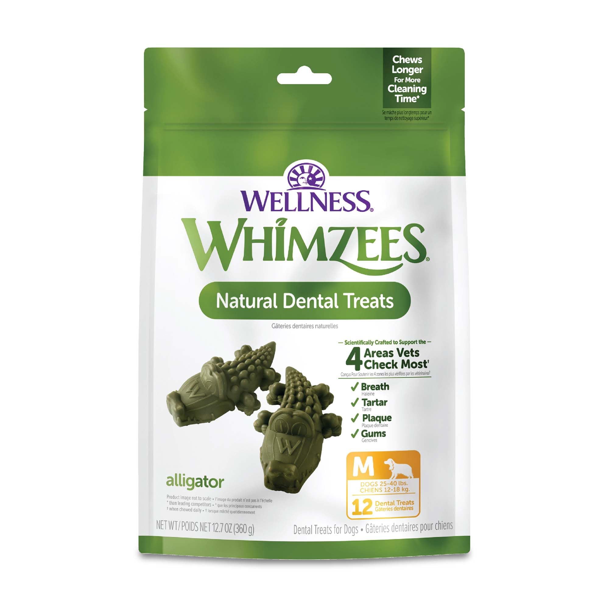 Whimzees Alligator dental chew close-up showing texture for plaque control and gums.