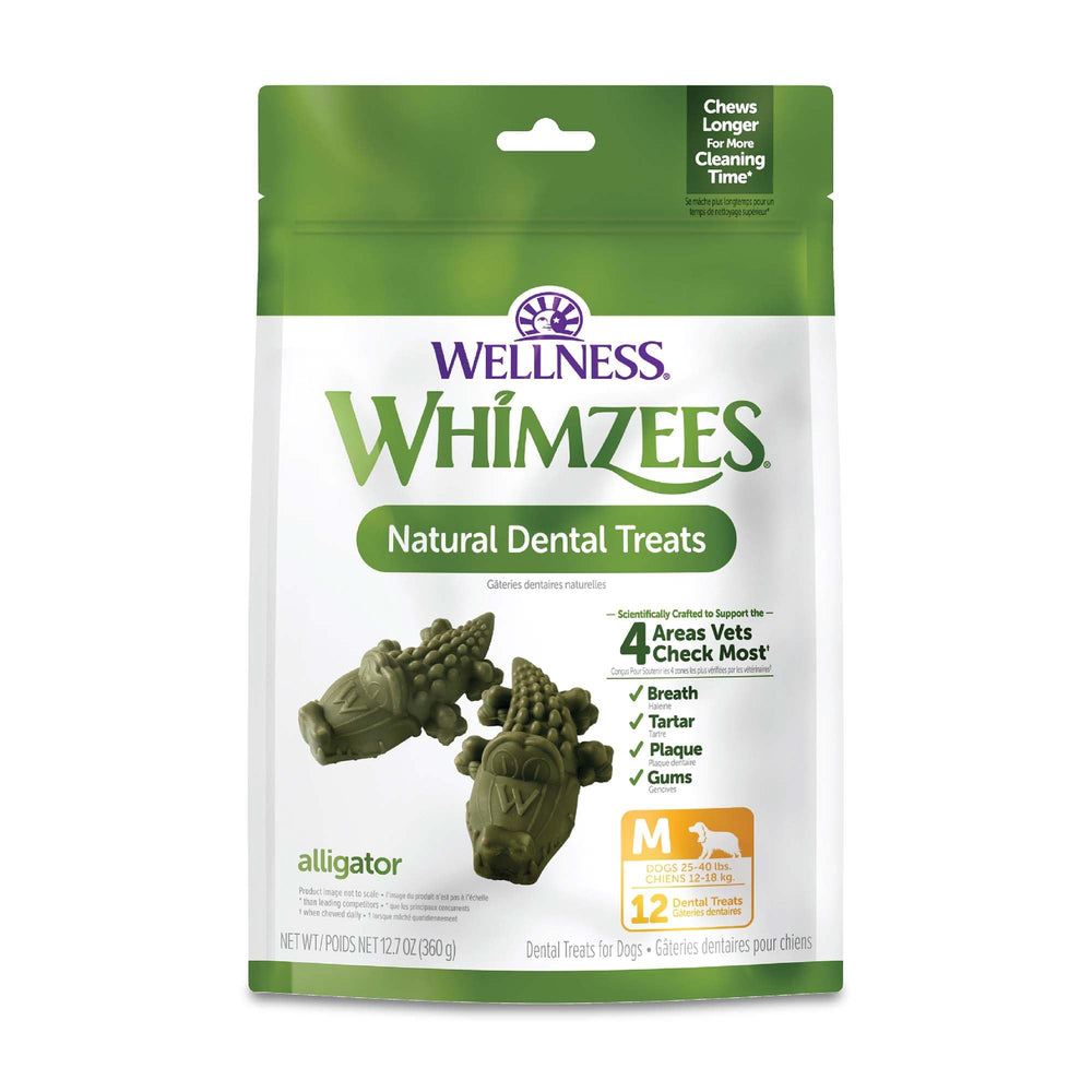 Whimzees Alligator dental chew close-up showing texture for plaque control and gums.