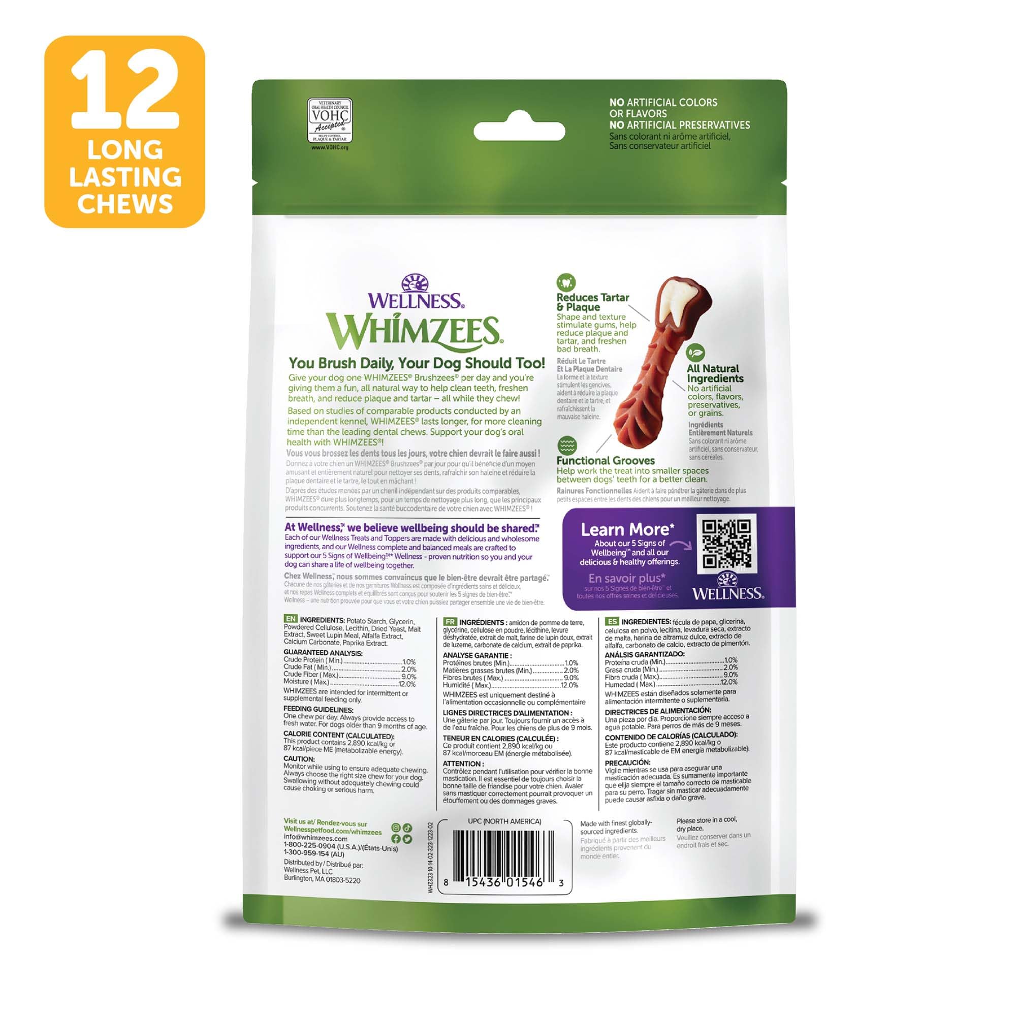 Whimzees Brushzees label shows natural, grain-free formulation