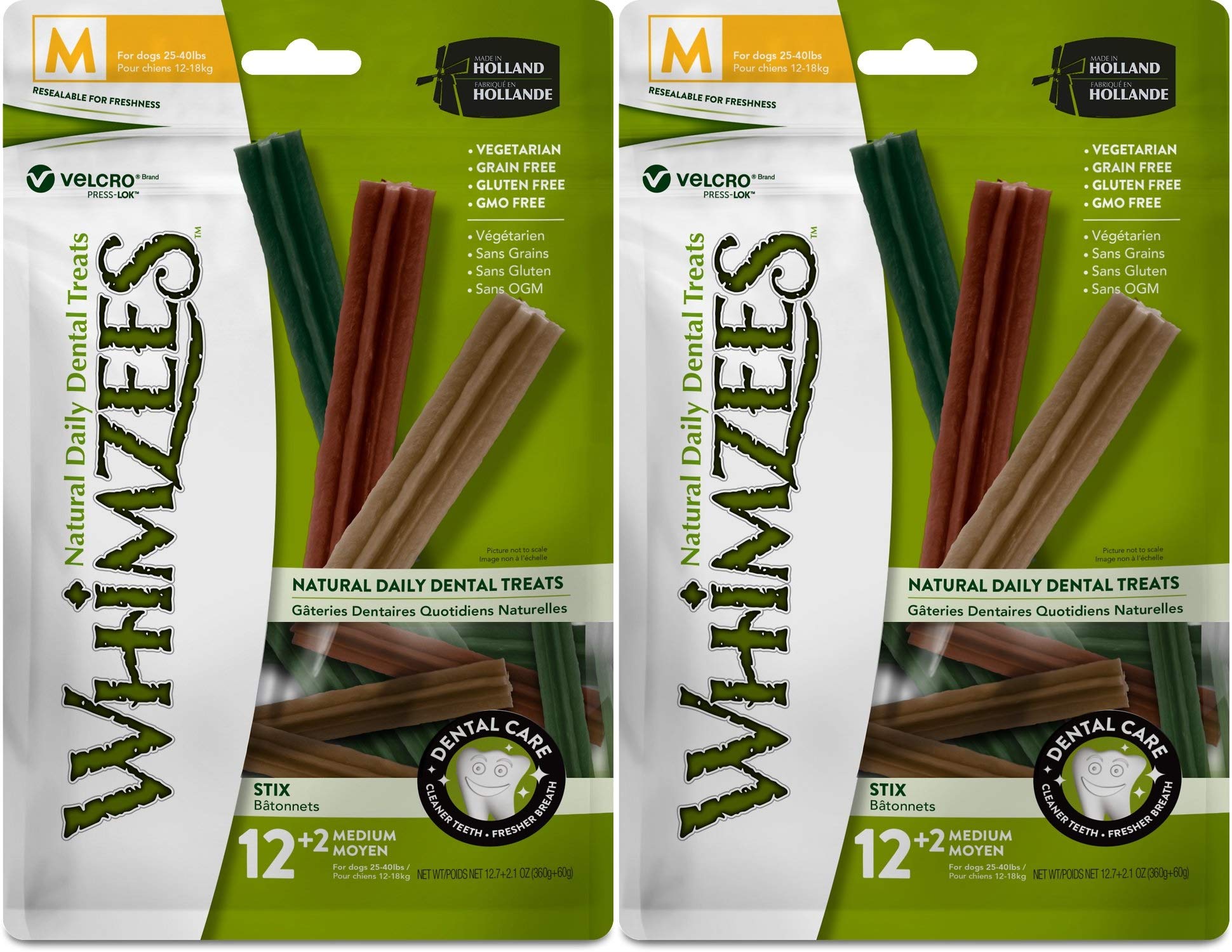 Whimzees Dental Stix Medium chew for dogs 25-40 lbs promotes dental care and fresh breath.
