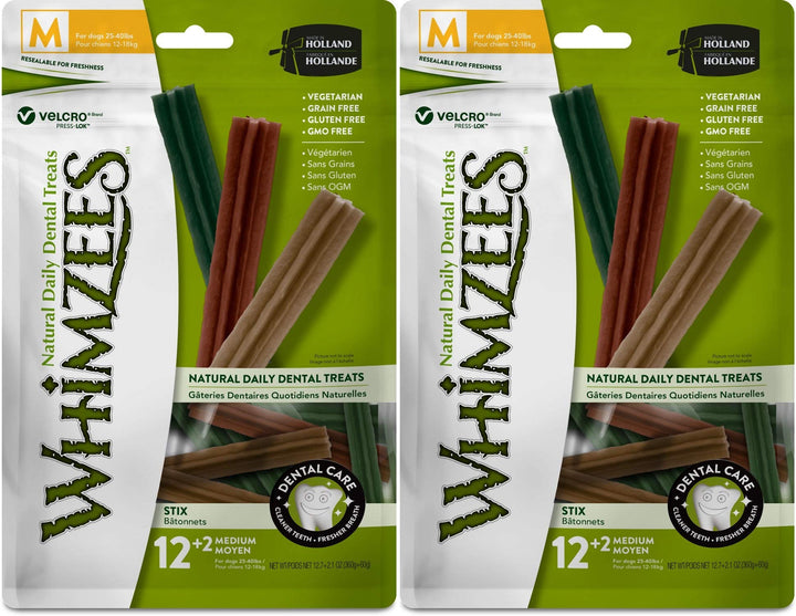 Whimzees Dental Stix Medium chew for dogs 25-40 lbs promotes dental care and fresh breath.