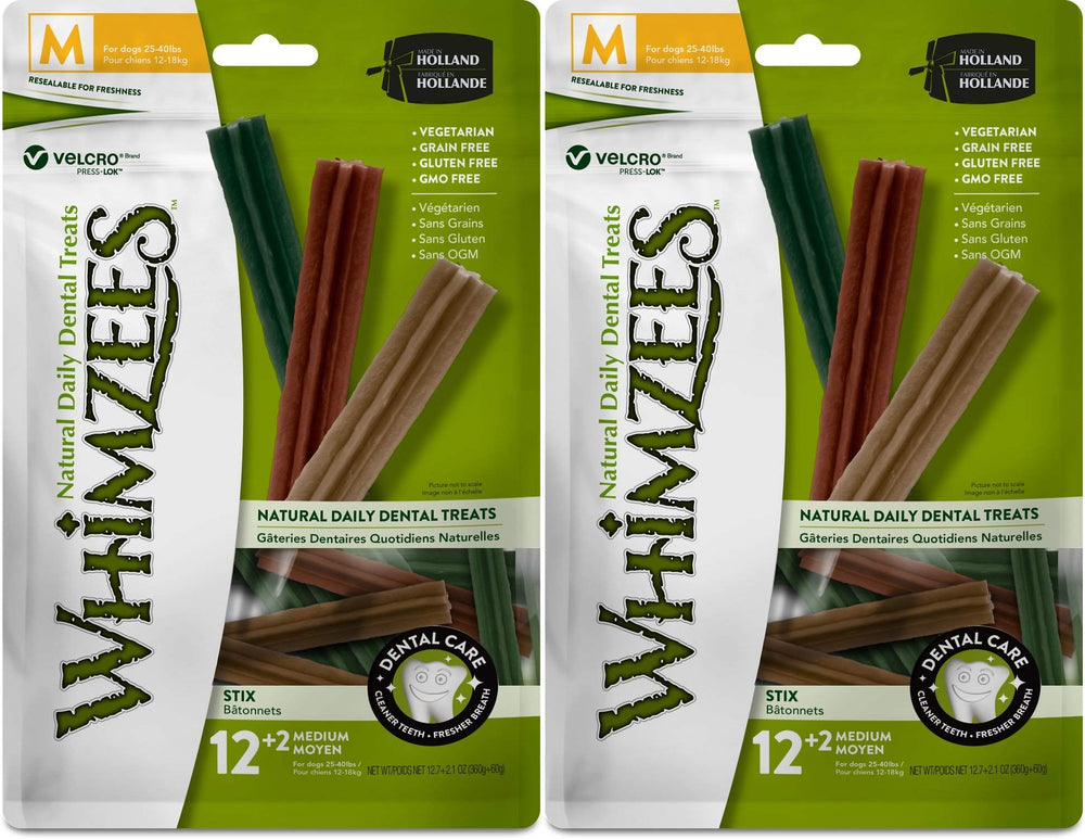 Whimzees Dental Stix Medium chew for dogs 25-40 lbs promotes dental care and fresh breath.