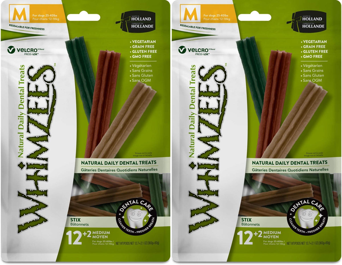 Whimzees Dental Stix Medium chew for dogs 25-40 lbs promotes dental care and fresh breath.