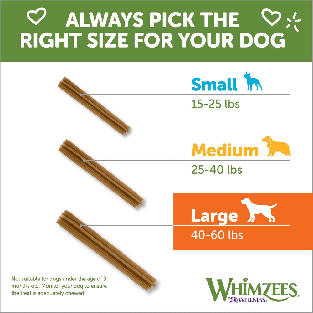 Whimzees for 40-60 lb dogs label indicating size-appropriate chews.