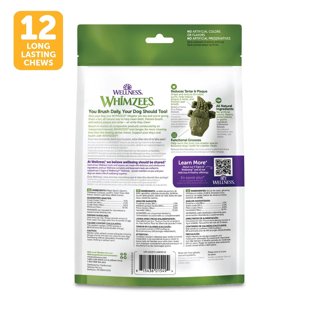 Whimzees medium-size chews shown beside dog.