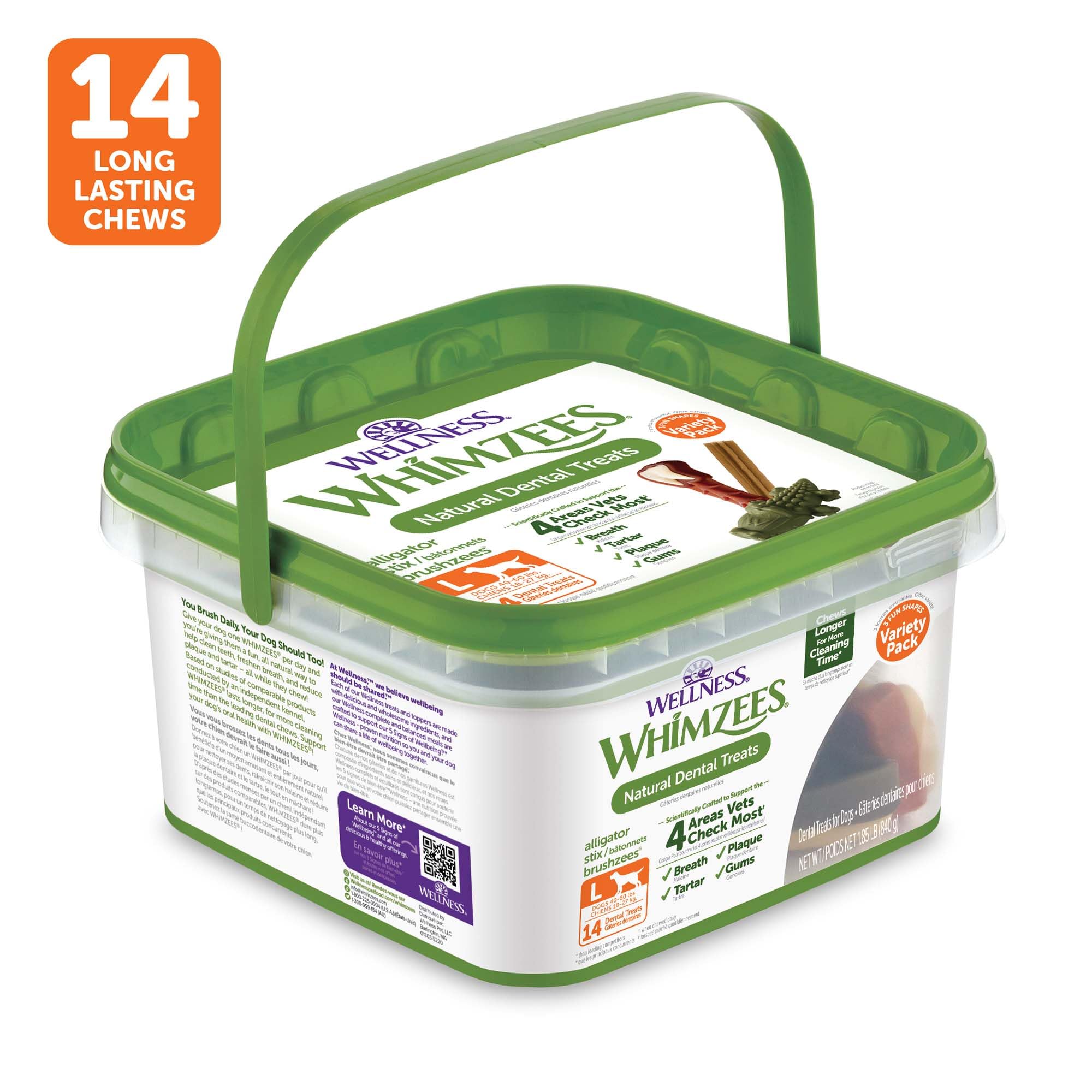 Whimzees non-GMO ingredients label highlights six primary ingredients.