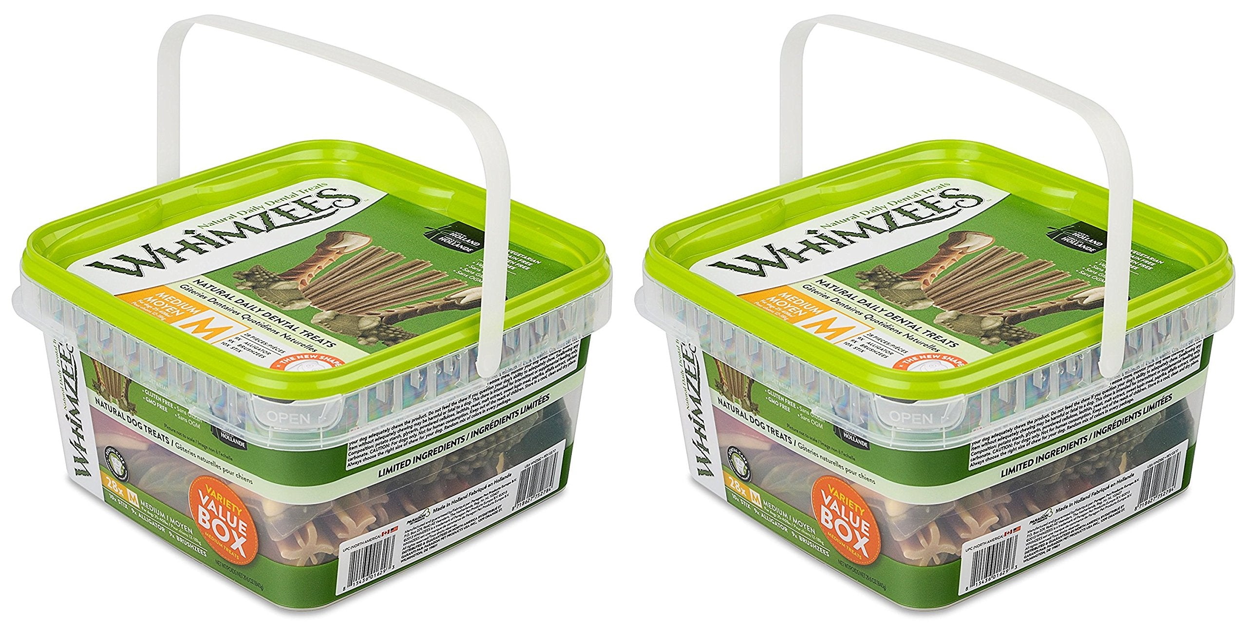 Whimzees variety pack in medium size (56 count) encourages chewing during daily routines.