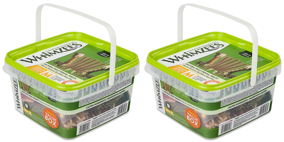 Whimzees variety pack in medium size (56 count) encourages chewing during daily routines.